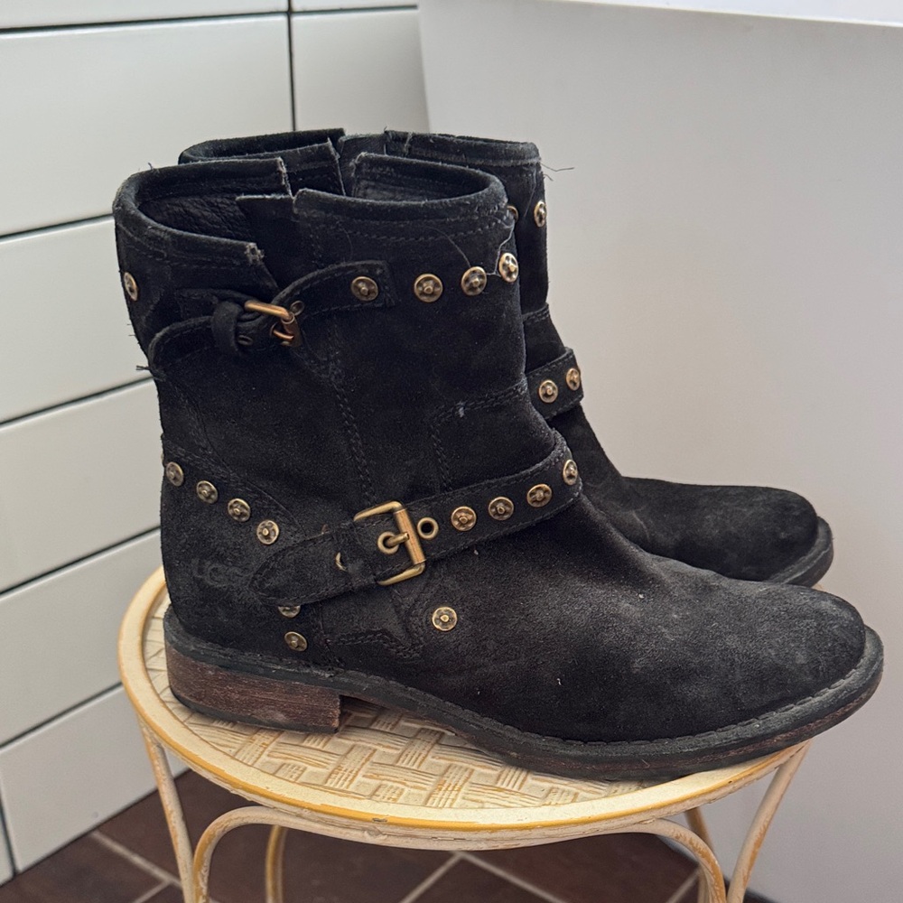 UGG Black Moto Boots with Gold Accents